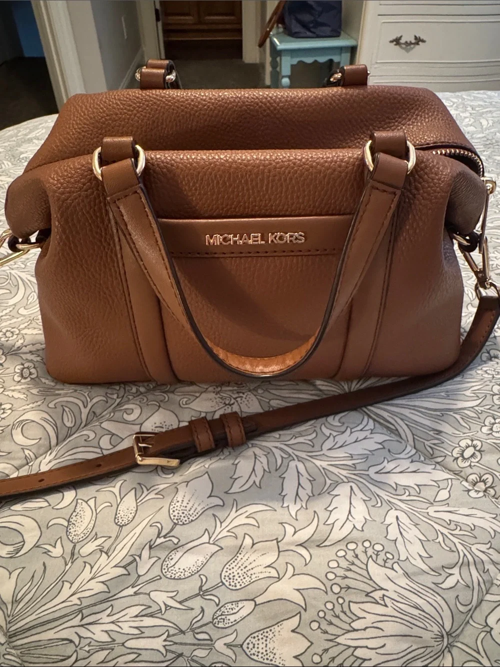 MICHAEL KORS Pebbled Leather Satchel in Cognac Brown with Gold Hardware